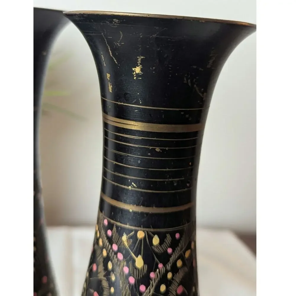 Vintage Etched Brass Vases |Black & Gold Boho Lotus Decor | Mid Century Pair